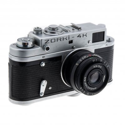 купить Фотоаппарат "Зоркий 4К" с объективом " Индустар-50" в родном кофре, алюминиевый сплав, кожа, Красногорский механический завод, СССР, 1972-1978 гг.