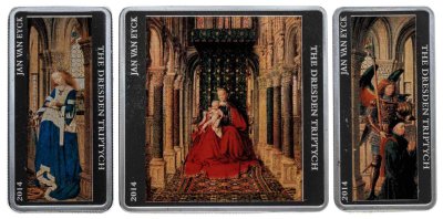 купить Токелау 1 и 2 доллара 2014 набор из 3 монет "Ян ван Эйк - Дрезденский Триптих" в футляре, с сертификатом