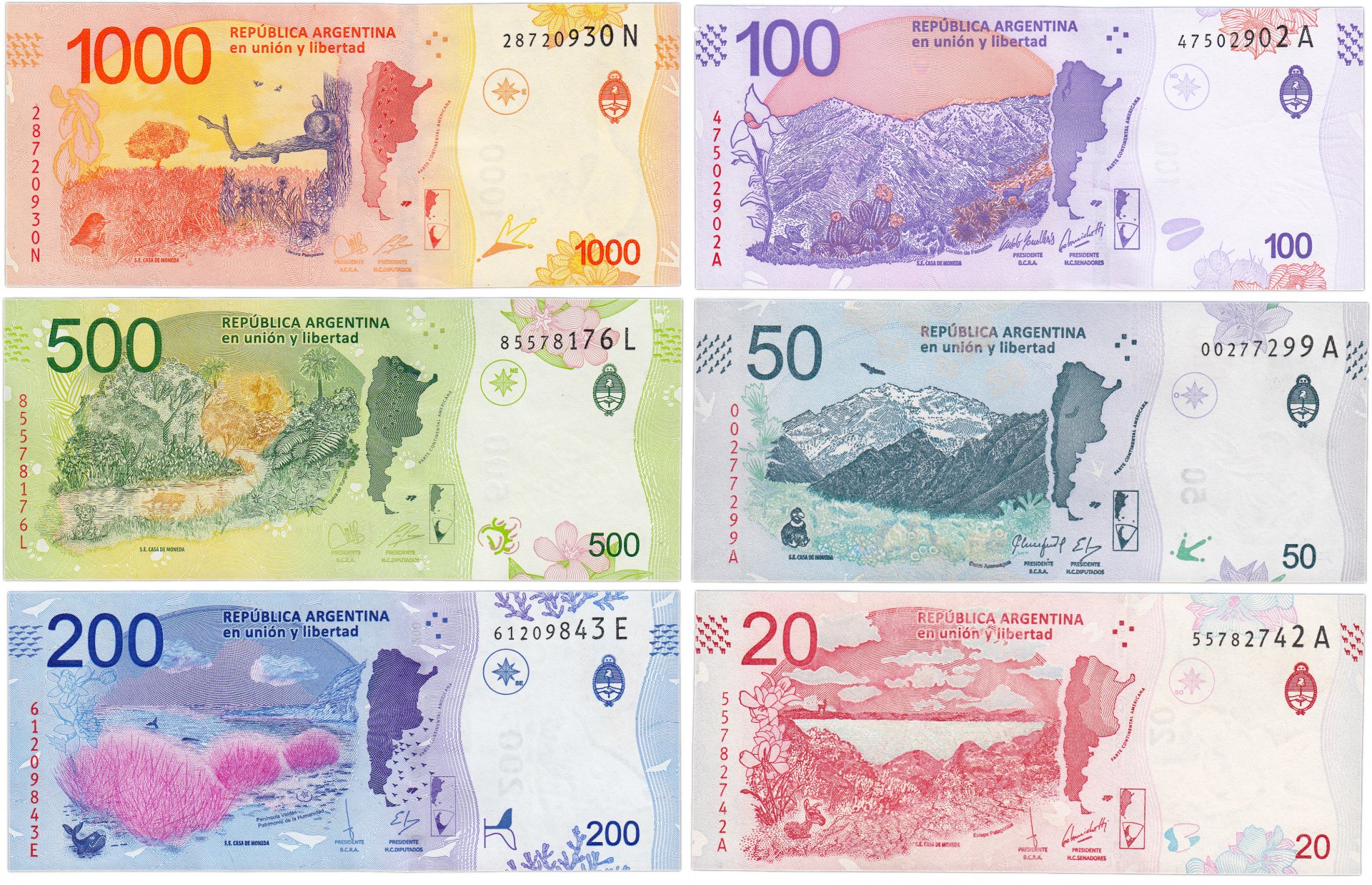 Argentinien Banknoten-Set 6-teilig (20-1000 Pesos) - 2016-2019, Unzirkuliert (UNC) Argentinien Banknoten-Set 6-teilig (20-1000 Pesos) - 2016-2019, Unzirkuliert (UNC)